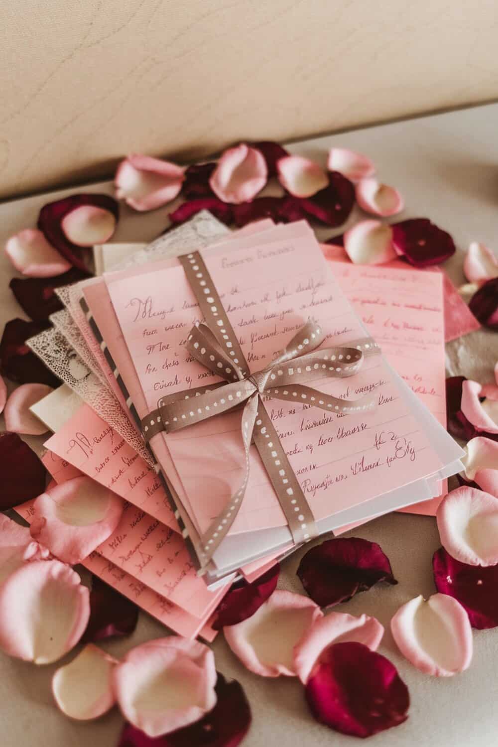 A collection of handwritten love letters tied with a ribbon, surrounded by rose petals.