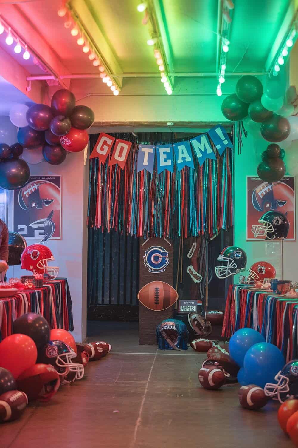 A vibrant football party setup with team color lighting and decorations.