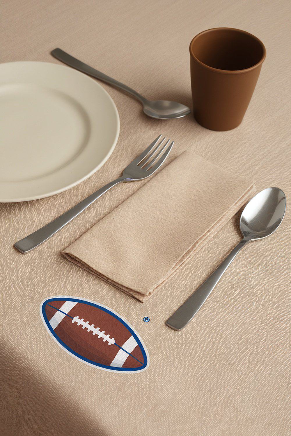 Table setting with a team spirit tablecloth featuring a football design.