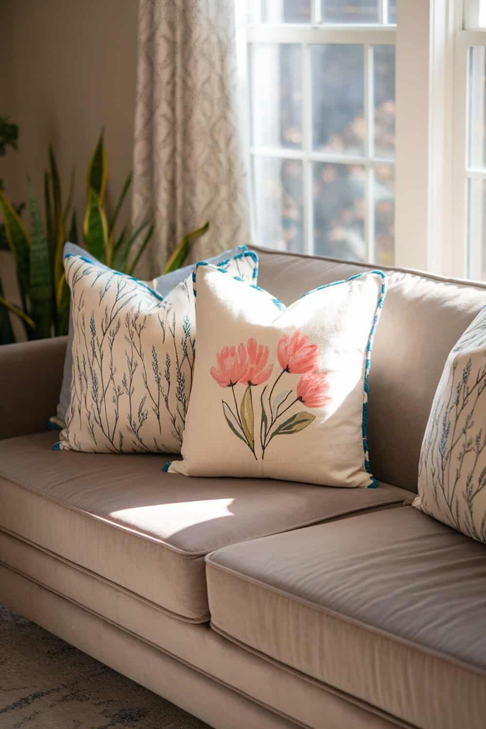 A cozy sofa adorned with decorative throw pillows featuring floral designs.
