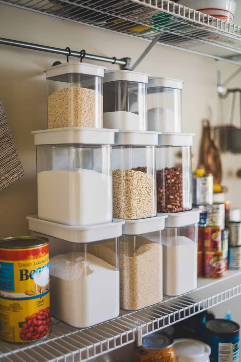 Multi-tier canister set on a shelf with various food items organized inside.