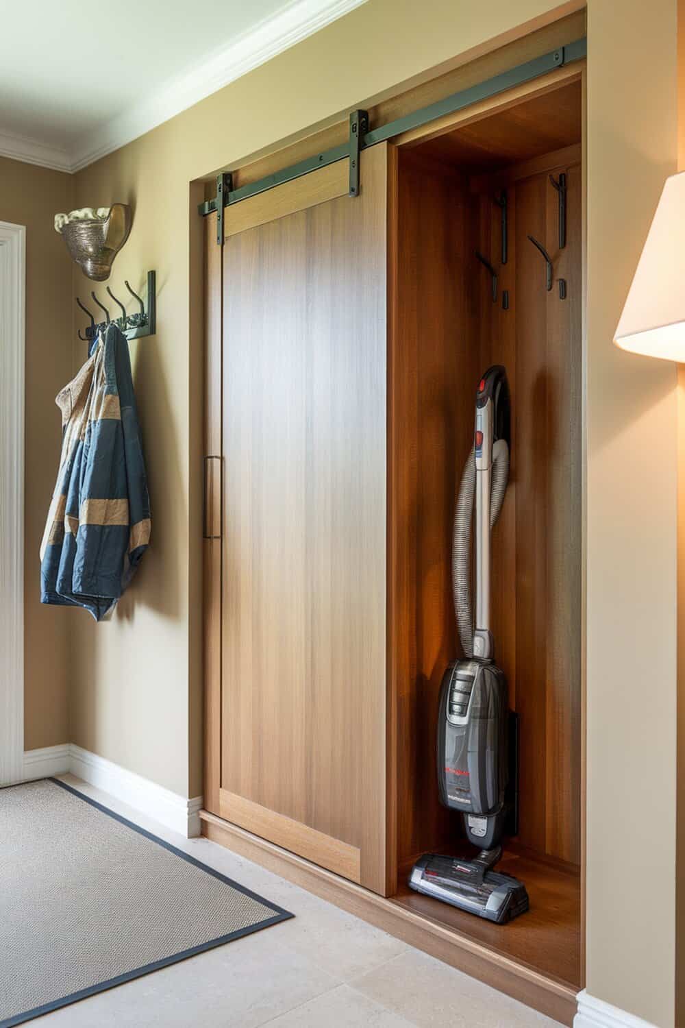 A sliding door cabinet in an entryway with a vacuum cleaner stored inside.