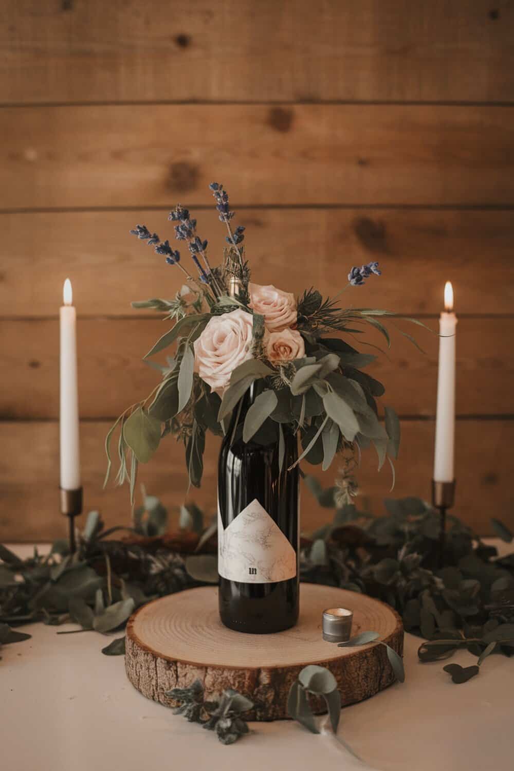 Wine bottle centerpiece with flowers and candles on a wooden table