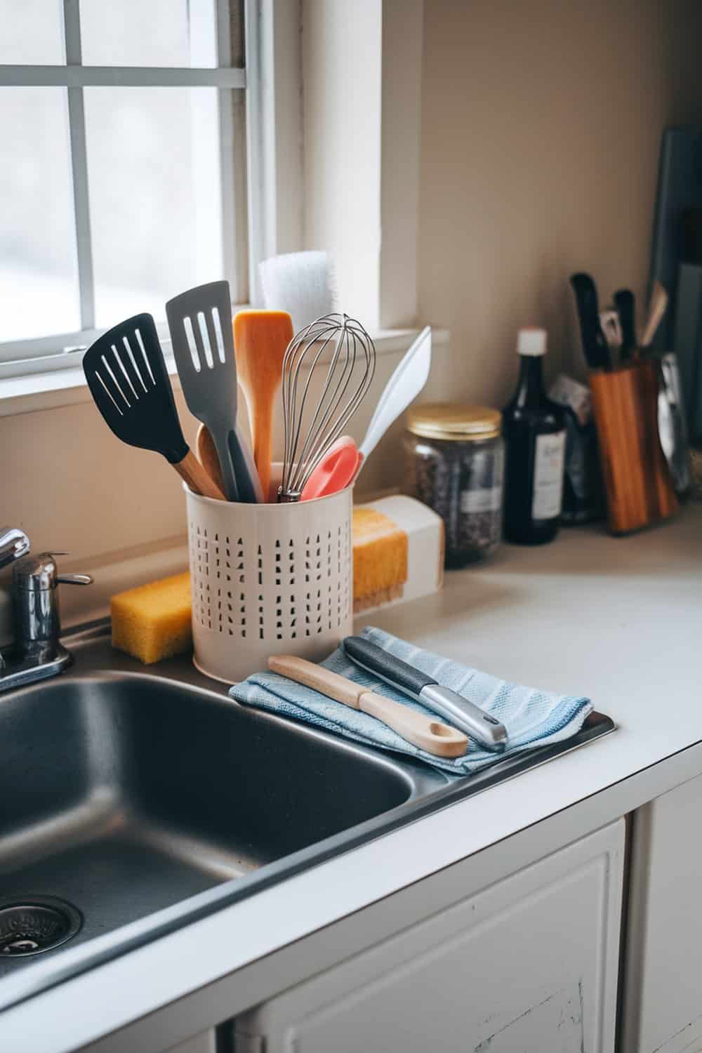 A kitchen sink area with organized utensils in a container, sponges, and dish towels.
