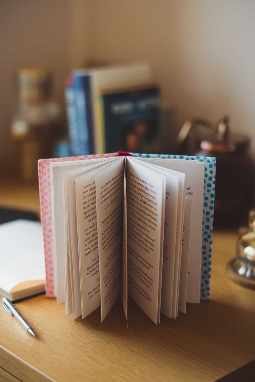 A DIY love story book opened on a wooden table with a pen beside it.