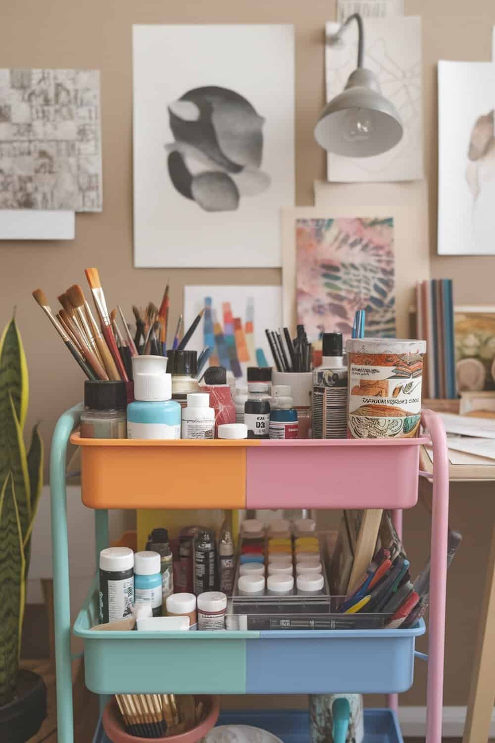 A colorful rolling storage cart filled with art supplies, including brushes, paints, and other materials.
