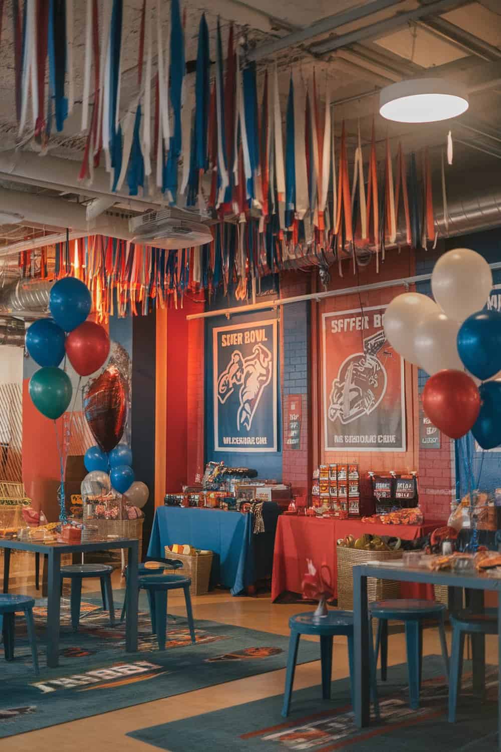Colorful streamers hanging from the ceiling in a Super Bowl party setting.