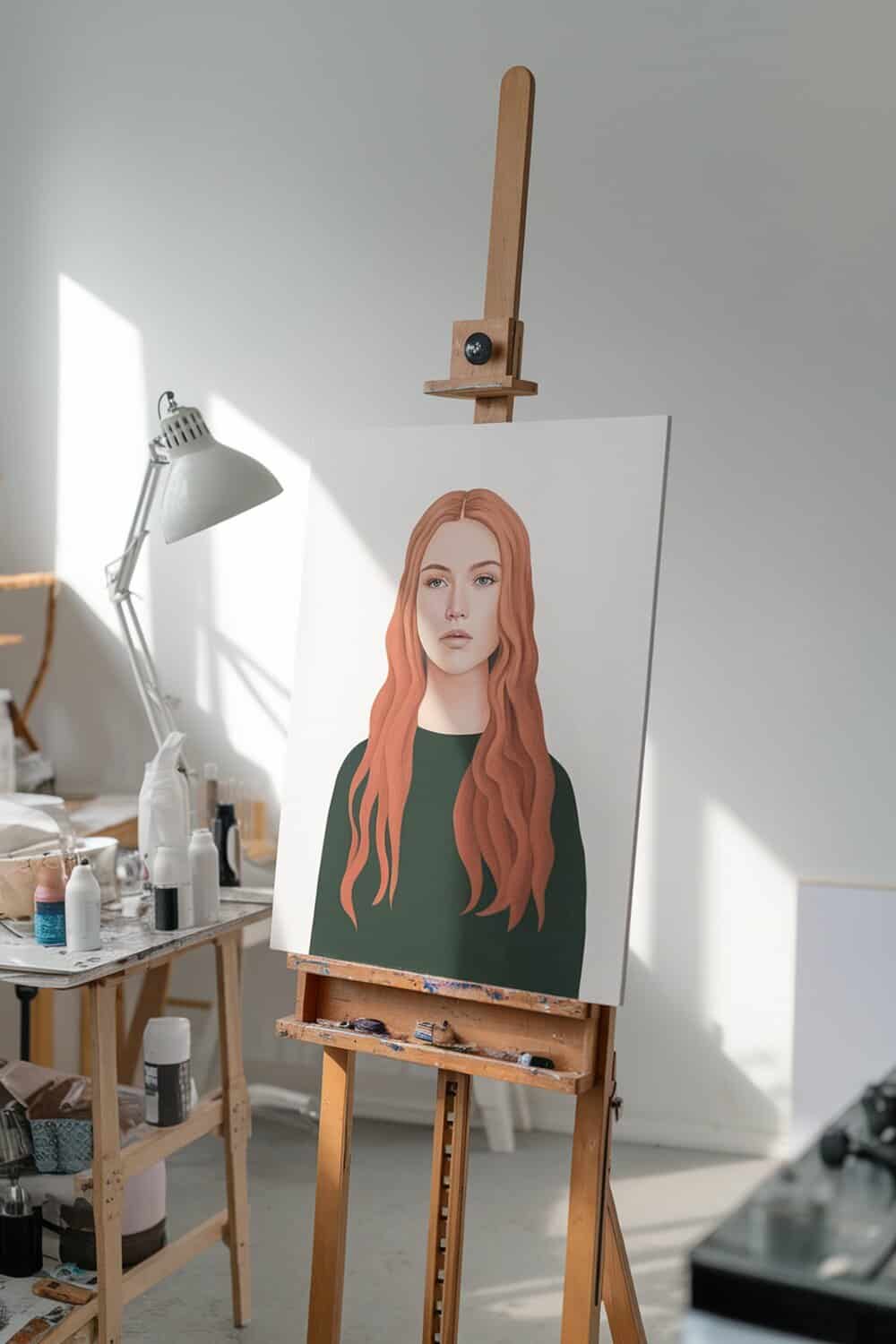 An easel displaying a painting of a woman with long, wavy hair in a bright studio.