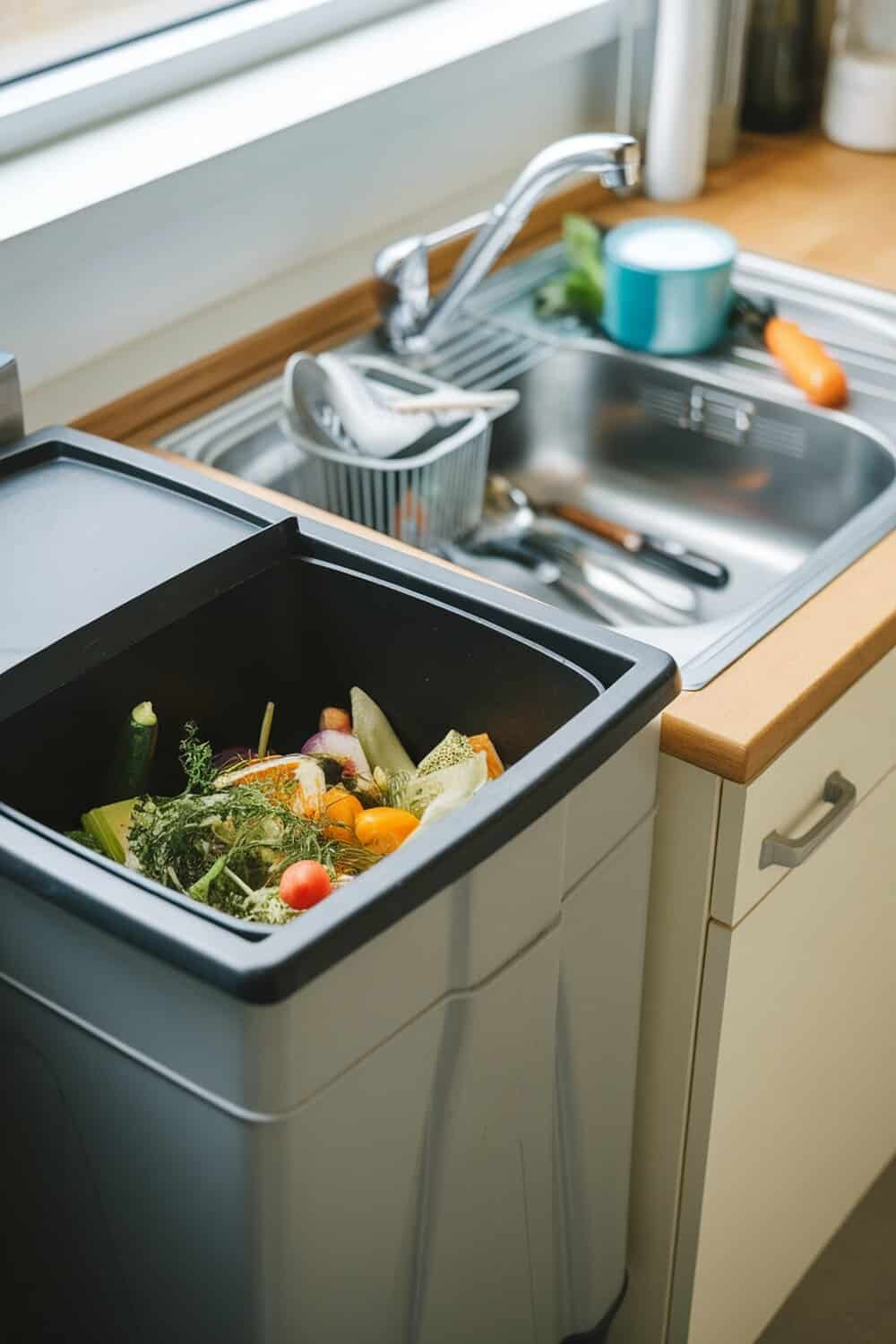 A kitchen sink area with a compost bin filled with vegetable scraps.