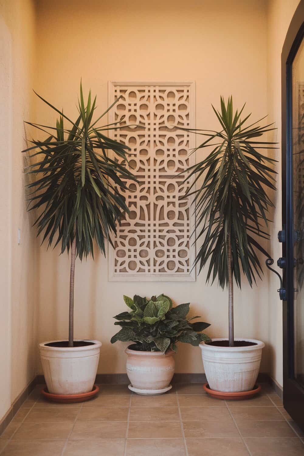 Two tall potted plants and a smaller one in an entryway.