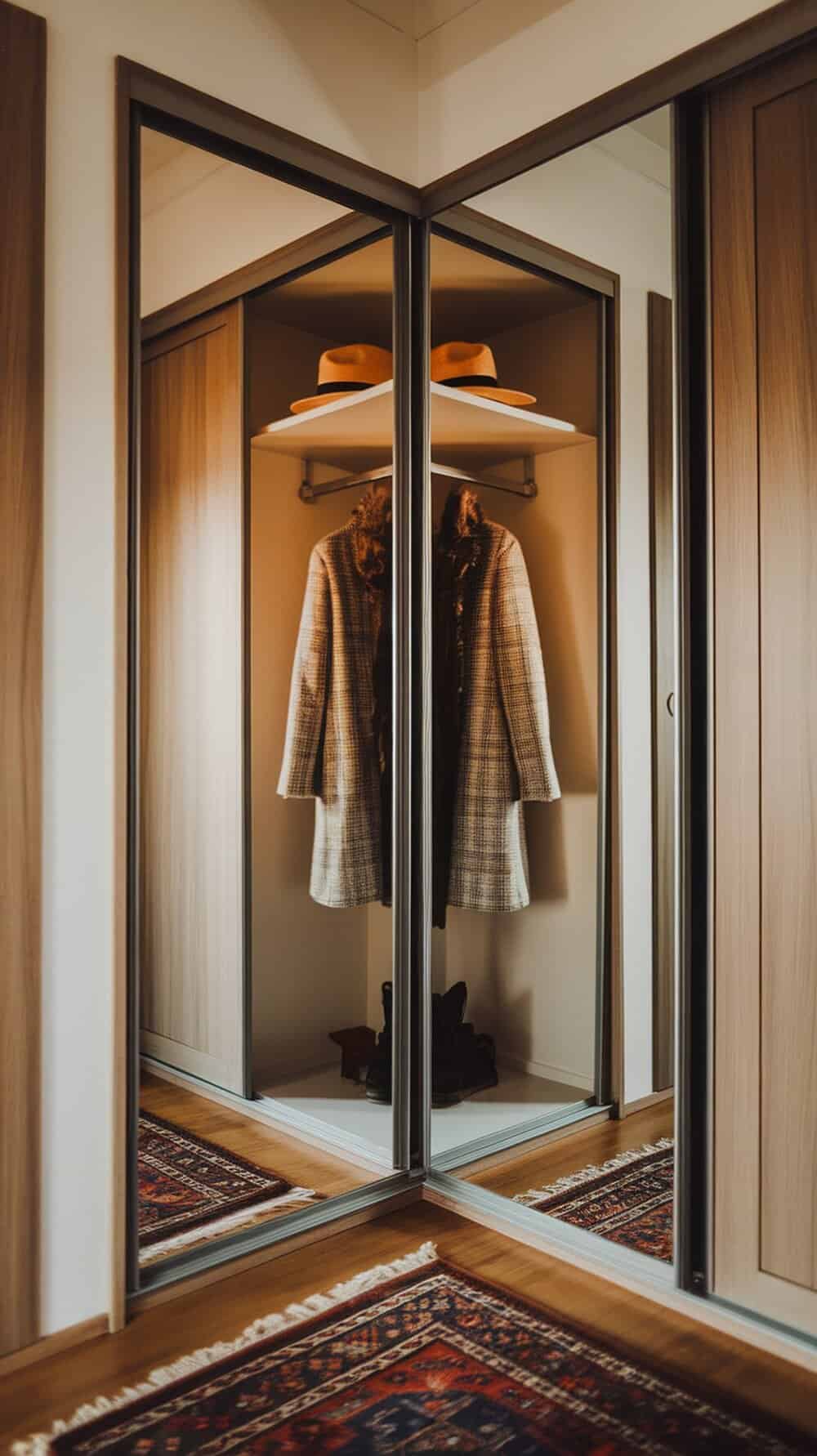 A small walk-in closet featuring mirrors, showcasing a coat and hats.