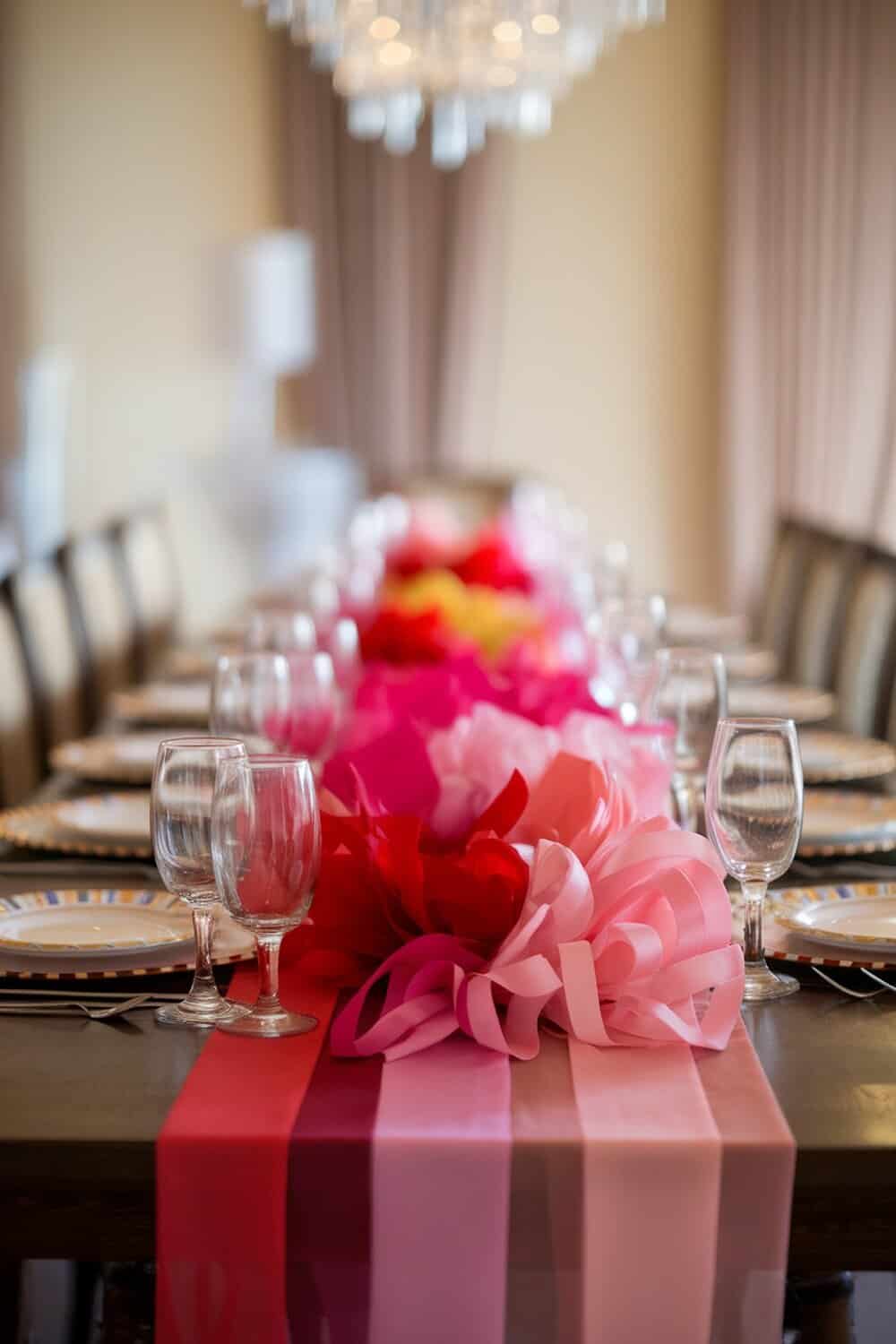 A beautifully arranged table with colorful table runners in shades of pink and red.