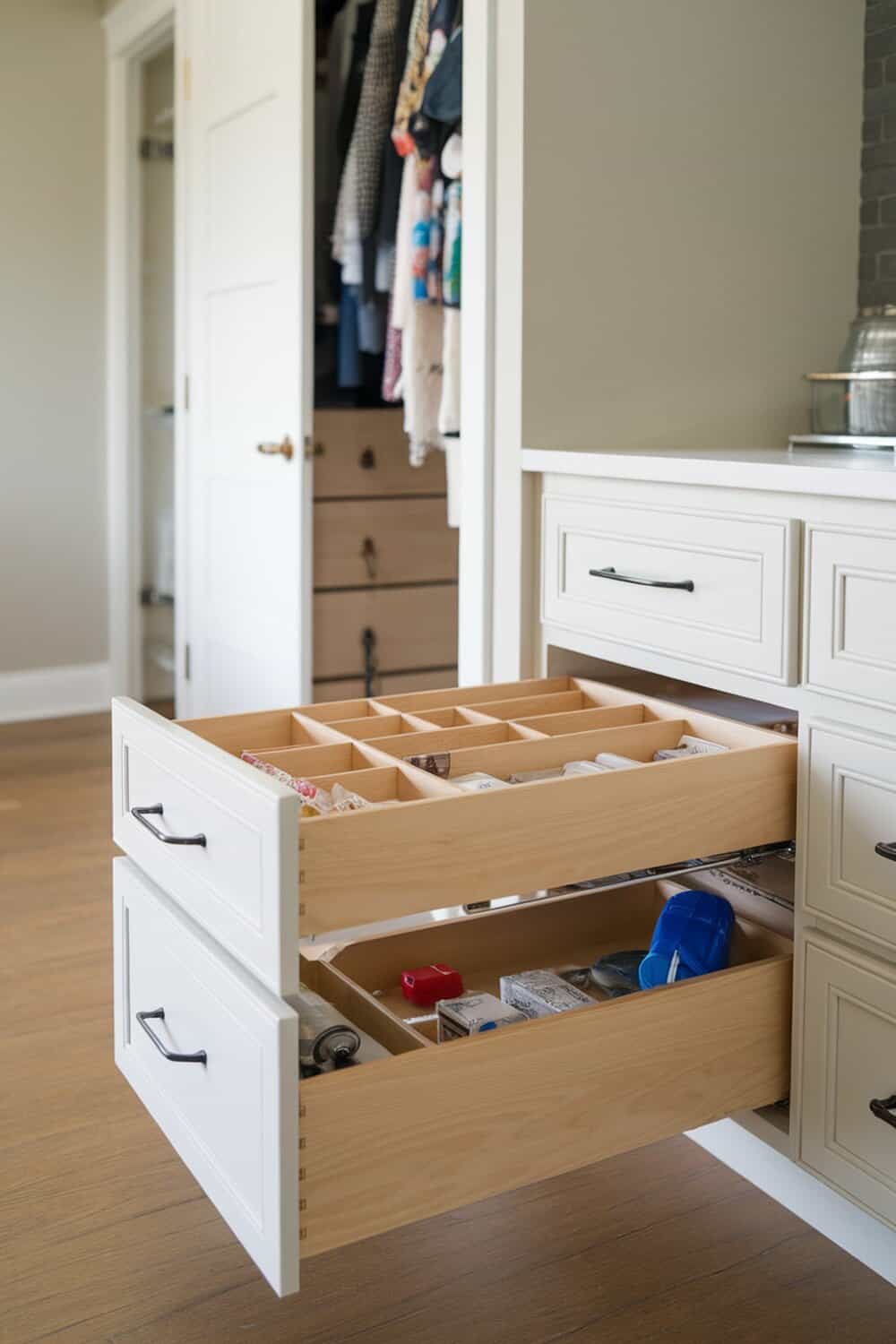 Organized closet drawers with dividers for easy access.