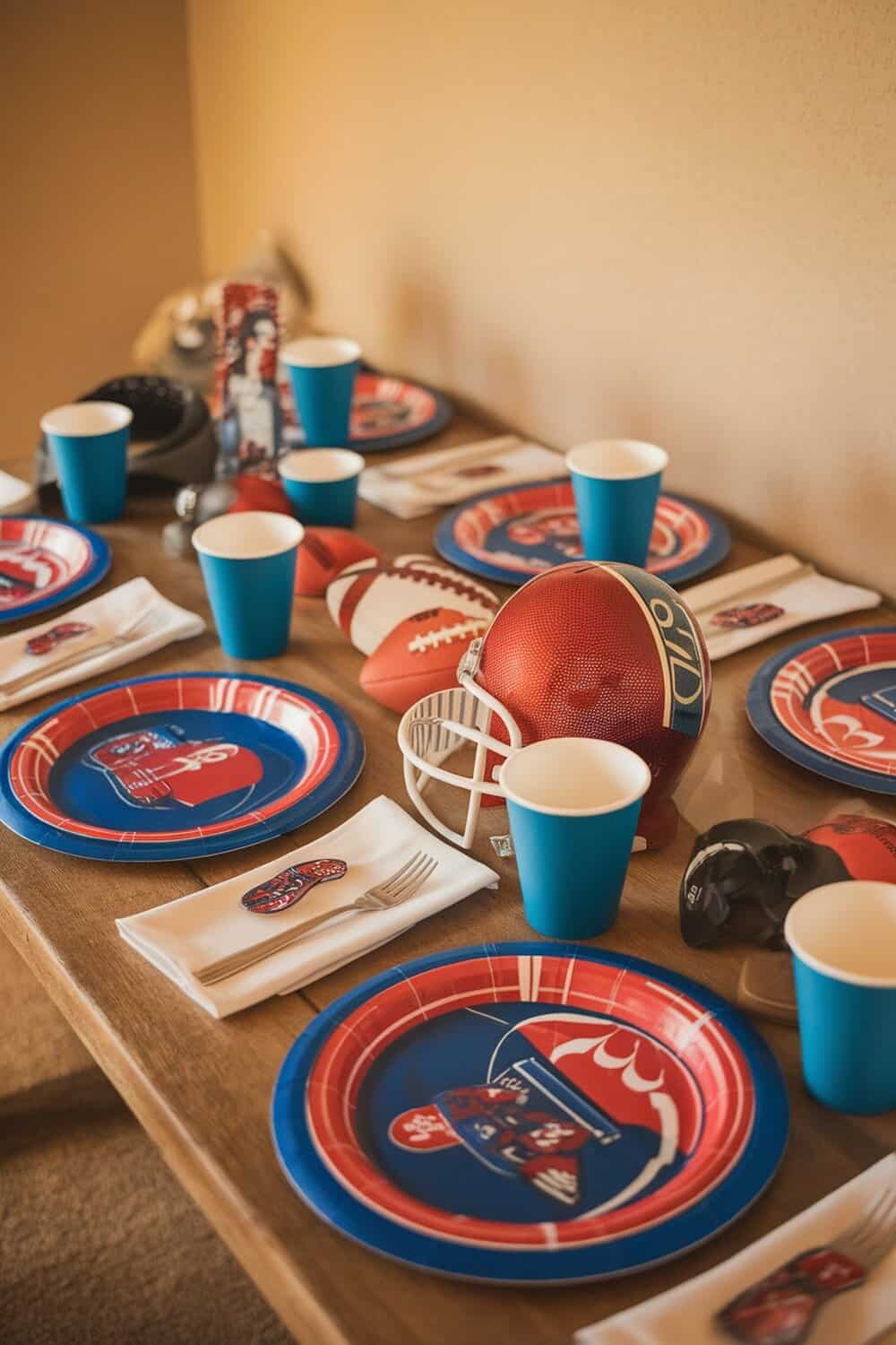 Table set with football-themed plates, cups, and decorations for a Super Bowl party.