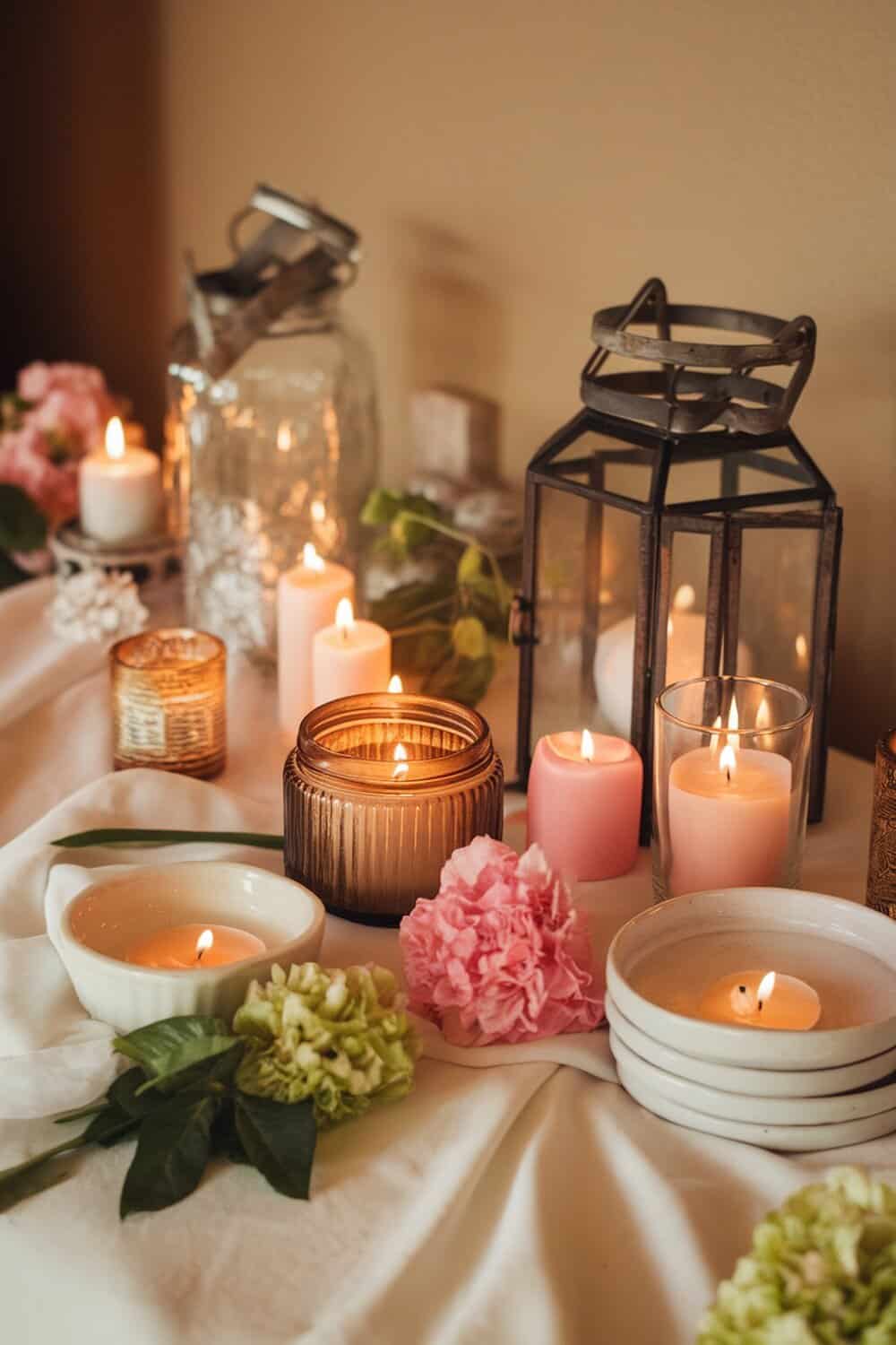 A table set with various scented candles, flowers, and decorative items for Valentine's Day.