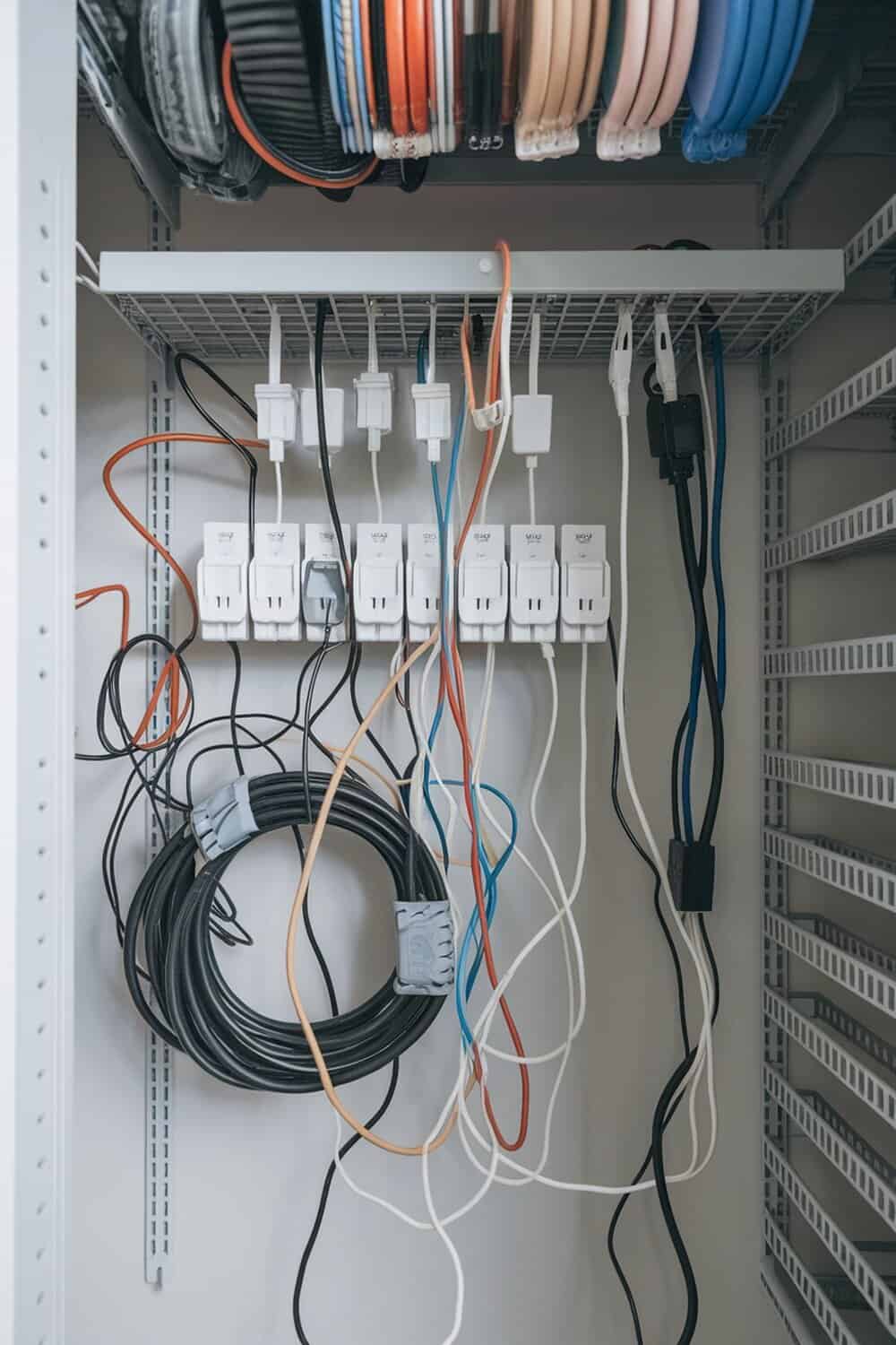 A well-organized cable management setup with various cords and power strips neatly arranged.