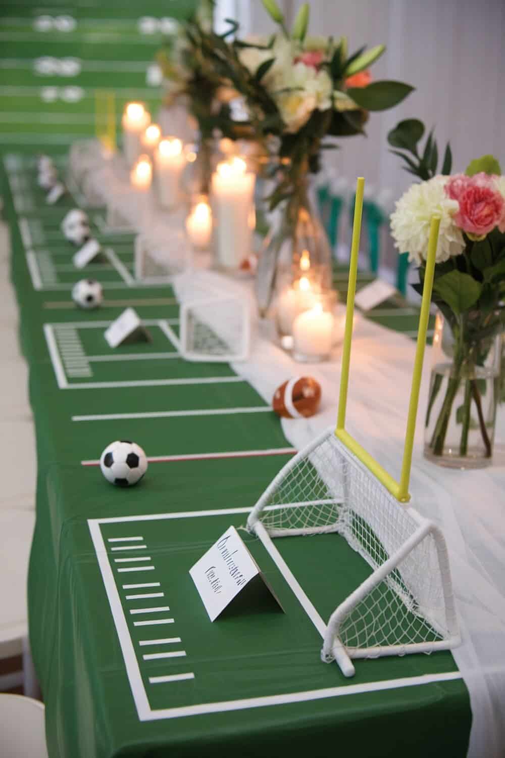 Miniature goalposts holding place cards on a football-themed table.