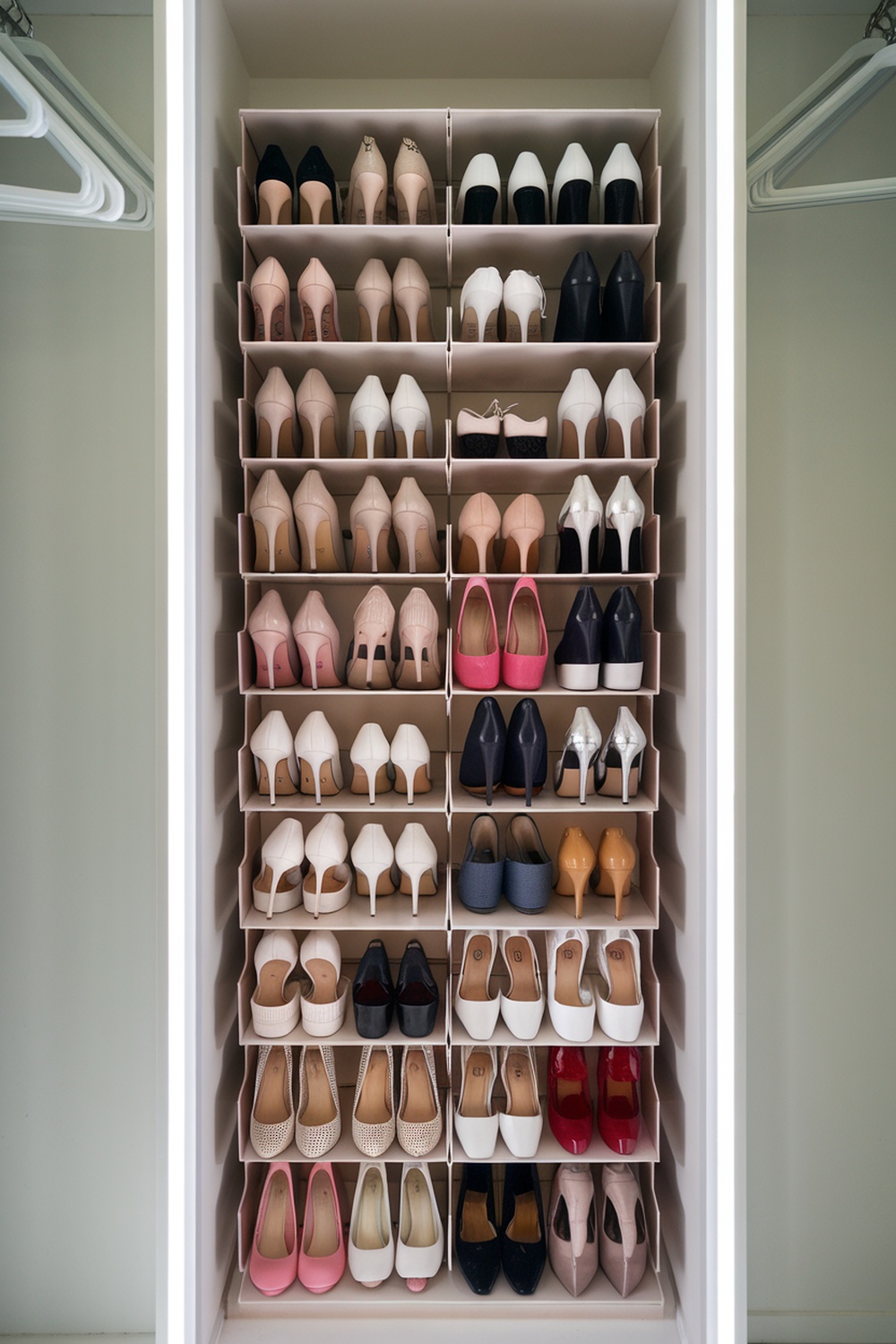Vertical shoe organizer displaying various styles of shoes neatly arranged.