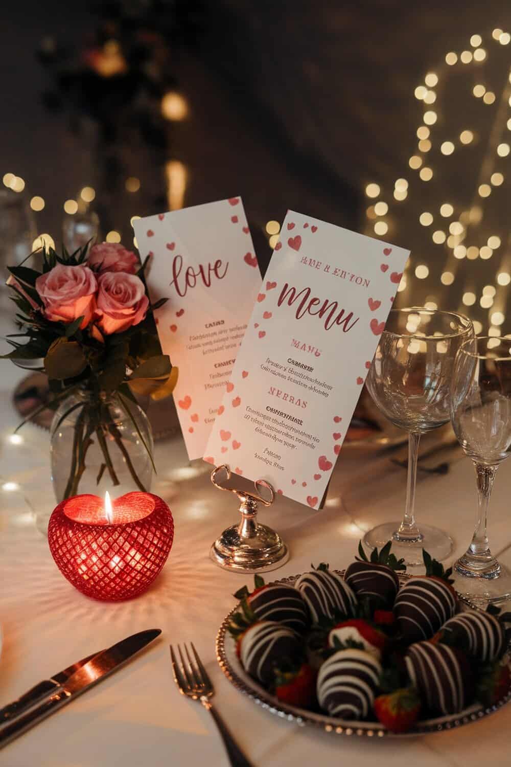 Valentine's Day table setting with menu cards, roses, and chocolate-covered strawberries.