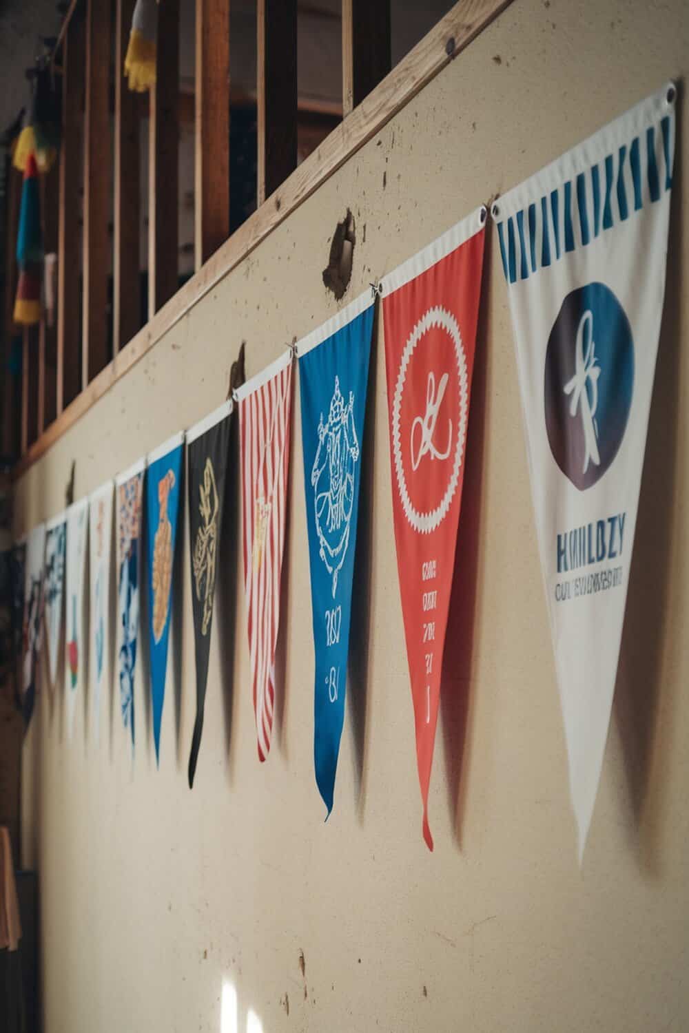 Colorful DIY pennant flags hanging on a wall.