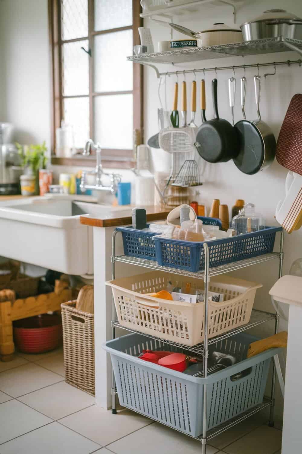 Organized kitchen sink area with baskets and shelves
