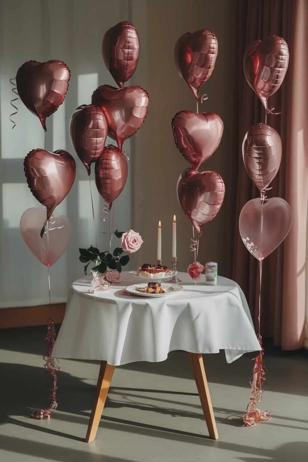A table decorated for Valentine's Day with heart-shaped balloons, a cake, and candles.