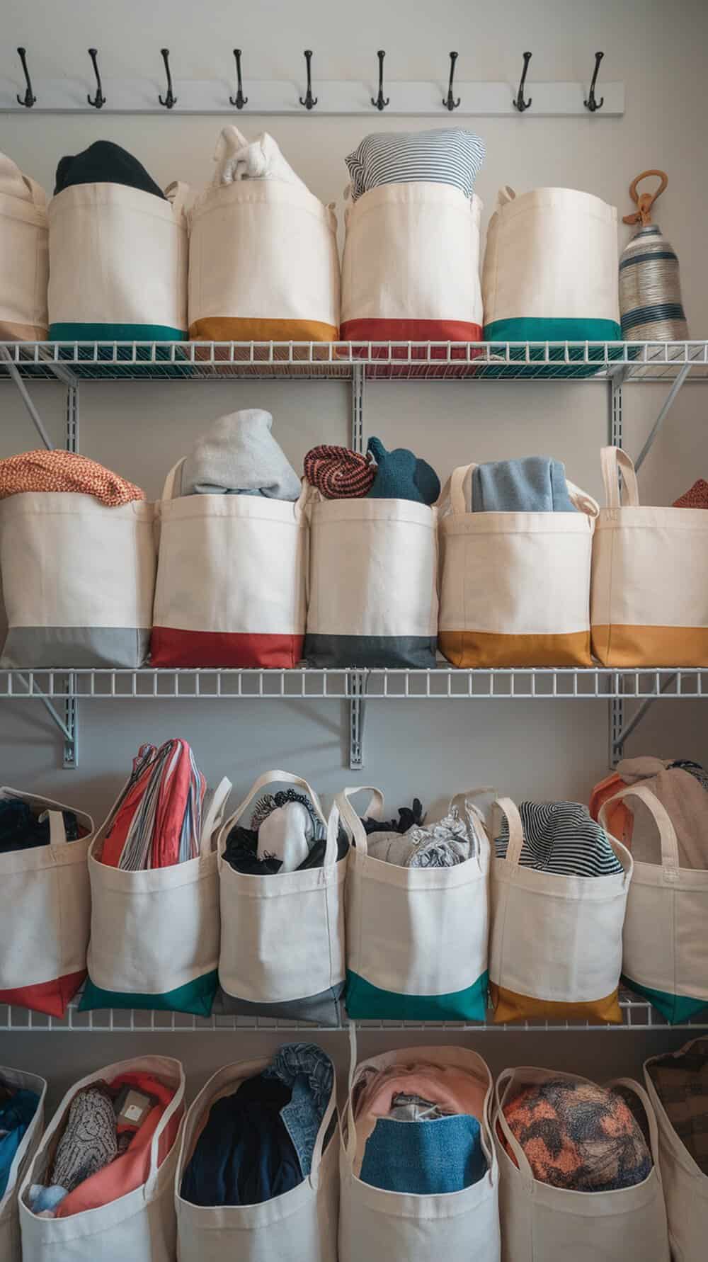 Shelves filled with neatly organized cloth bags containing seasonal clothing.