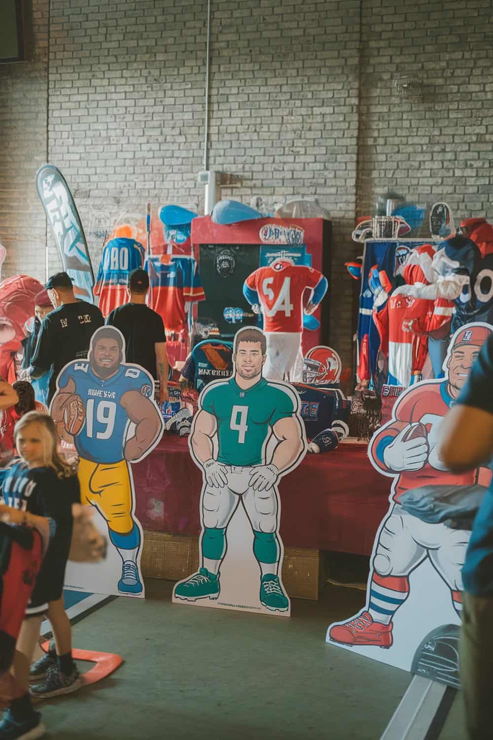 Team mascot cutouts displayed at a football party