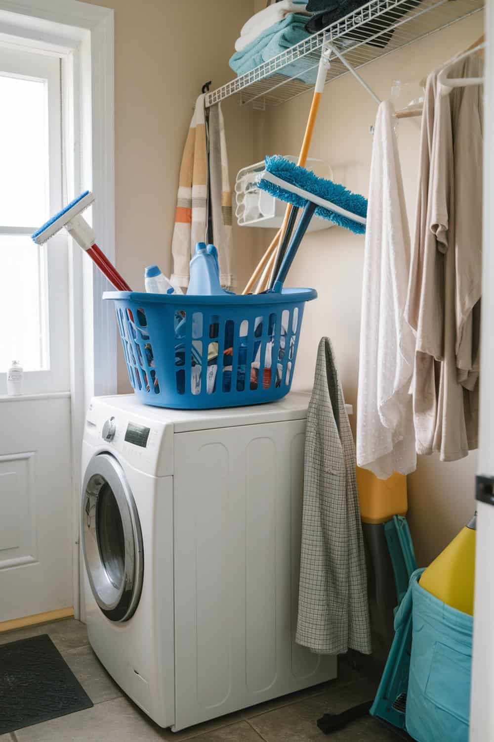 A blue laundry basket filled with cleaning tools on top of a washing machine in a laundry room.