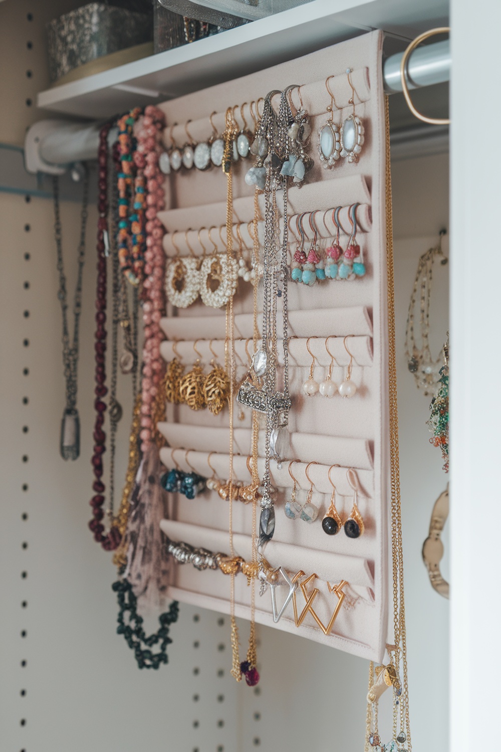 A hanging jewelry organizer with various necklaces and earrings displayed neatly.