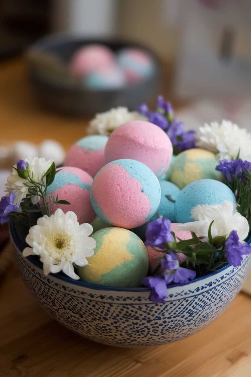 Colorful DIY bath bombs in a bowl with flowers.