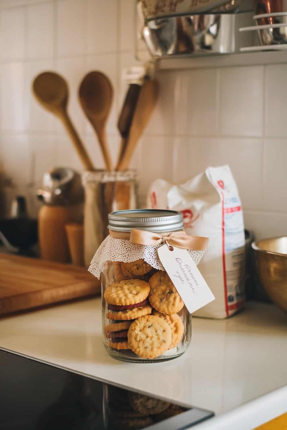 A jar filled with cookies, decorated with a ribbon and a tag, placed on a kitchen counter.