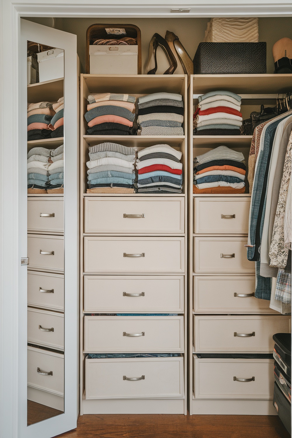 A tall dresser with neatly folded clothes and a mirror in a closet.