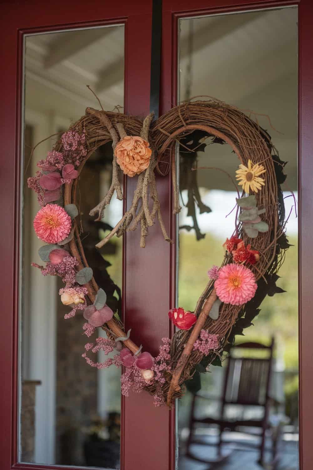 A heart-shaped wreath made of twigs and colorful flowers hanging on a door.