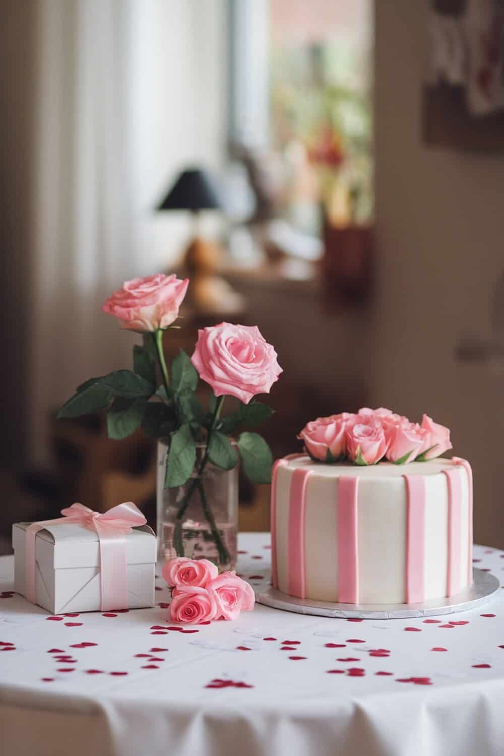 A beautifully set table with pink roses, a cake, and heart-themed confetti.