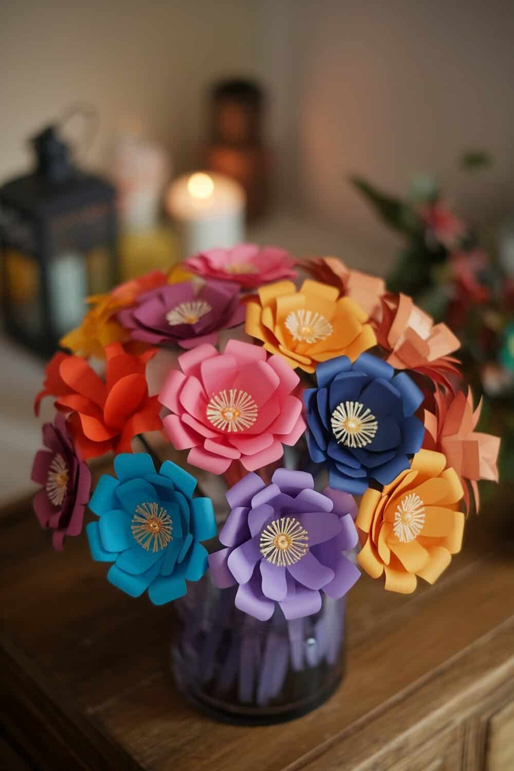 Colorful paper flower bouquet in a jar