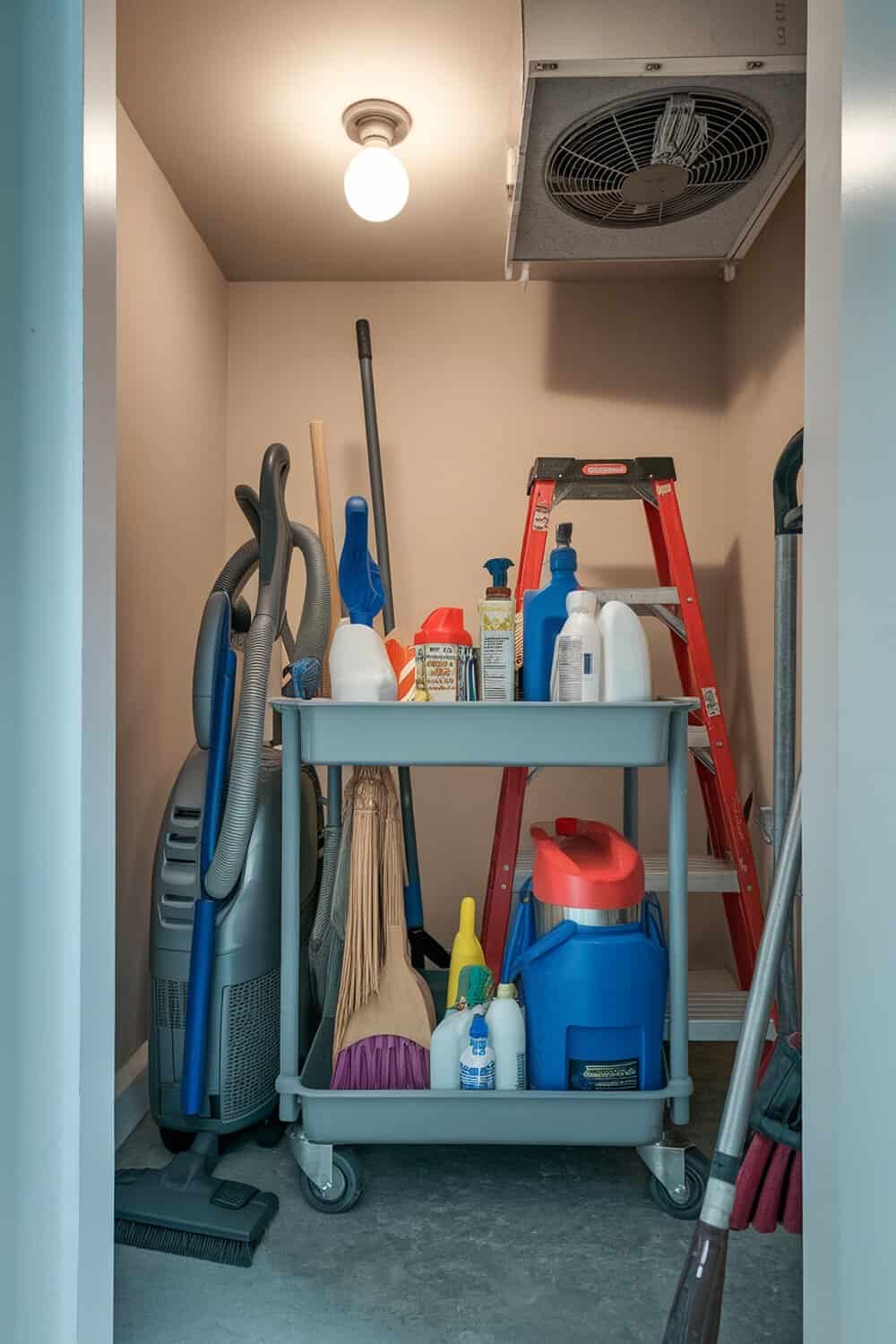 A utility cart filled with cleaning supplies in a closet