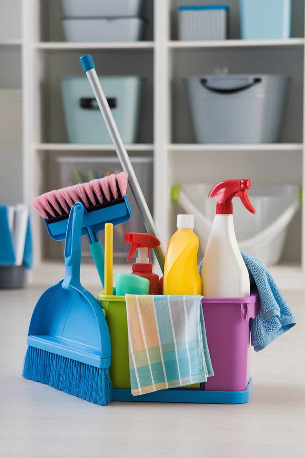 Colorful cleaning caddy filled with various cleaning supplies.