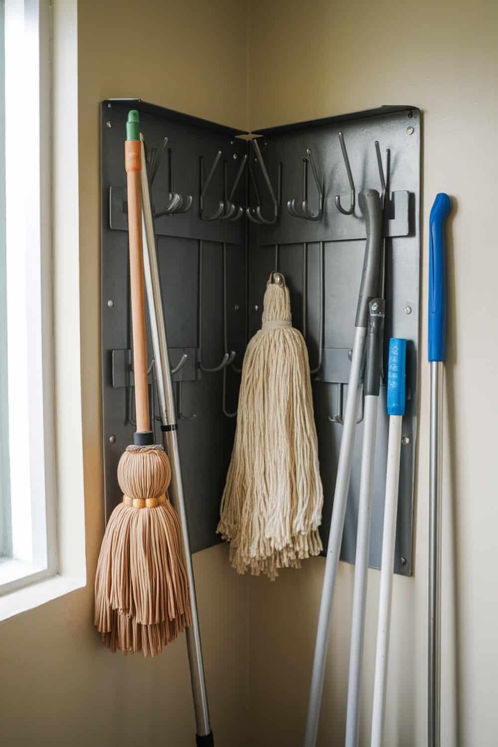 Corner mop organizer with mops and brooms hanging on hooks
