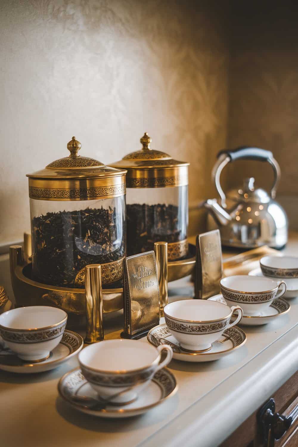 Elegant canisters for tea storage with fine china cups and a kettle.