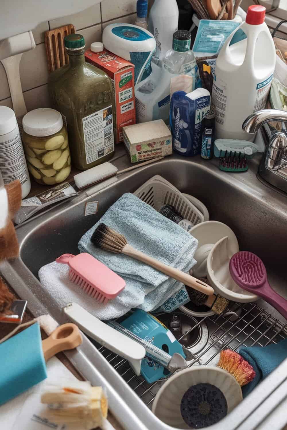 A cluttered kitchen sink area filled with various cleaning supplies and utensils.