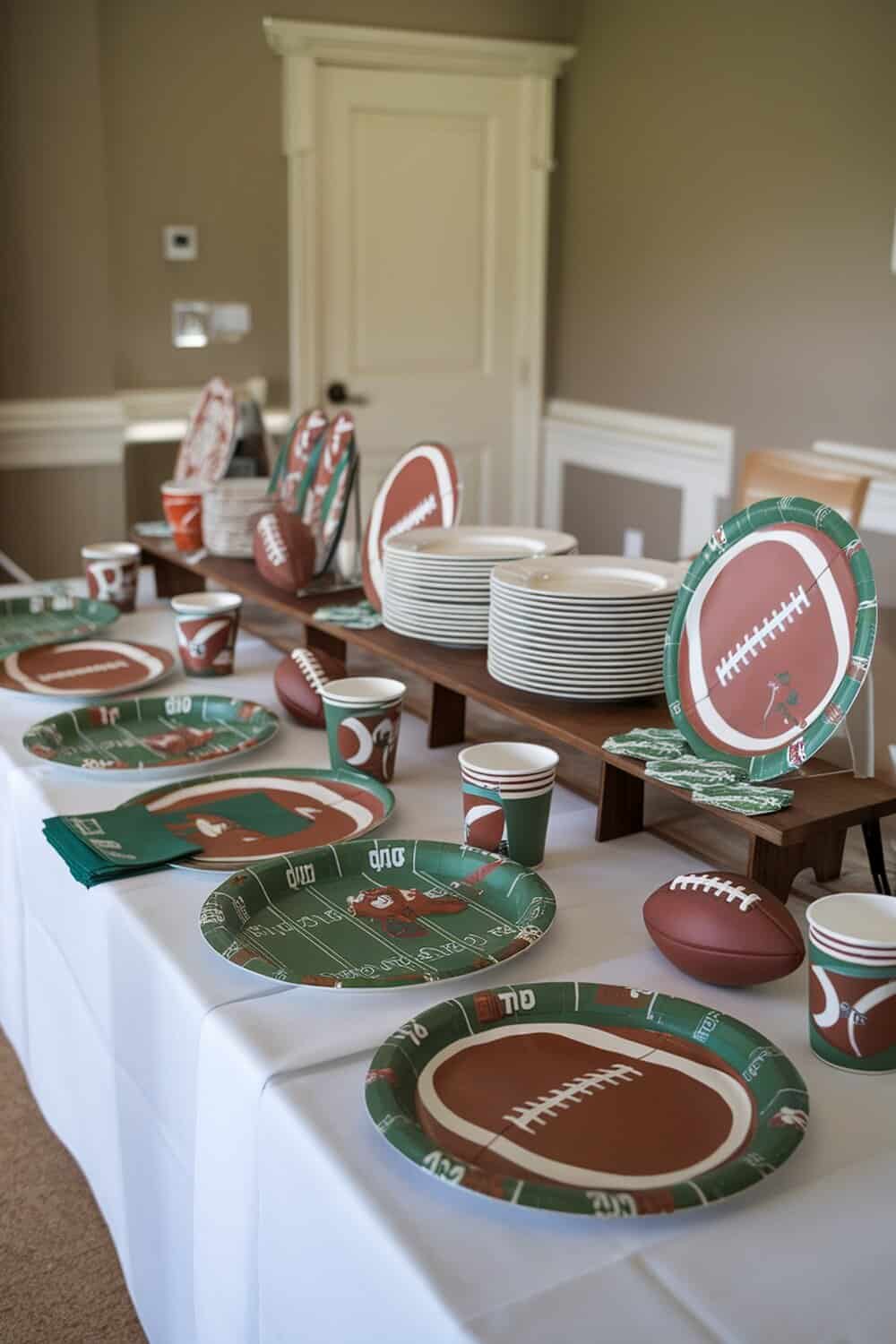 A table set with football-themed plates, cups, and napkins for a party.