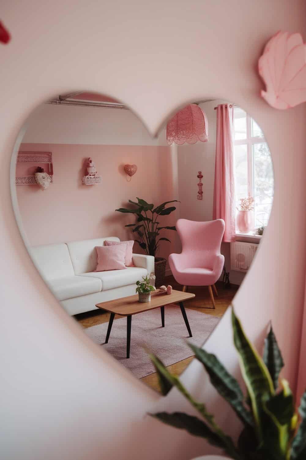 A heart-shaped mirror reflecting a cozy pink-themed living room.