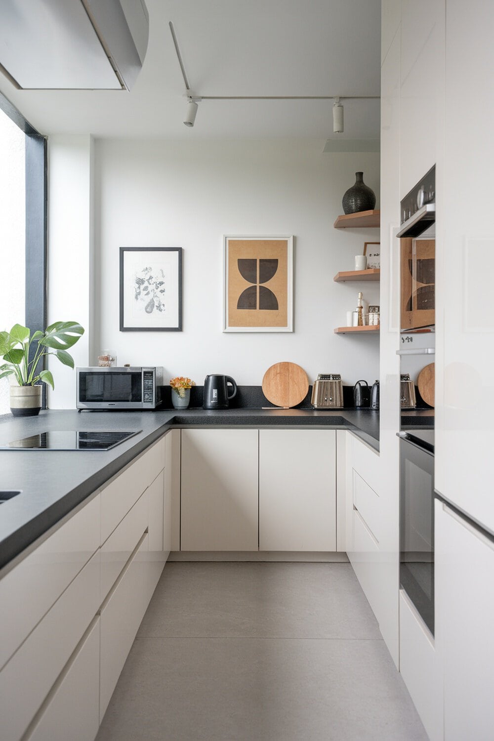 Modern kitchen with built-in cabinets and sleek design.
