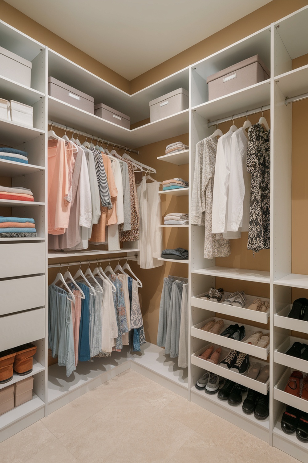 A well-organized closet with customizable shelving and storage options.