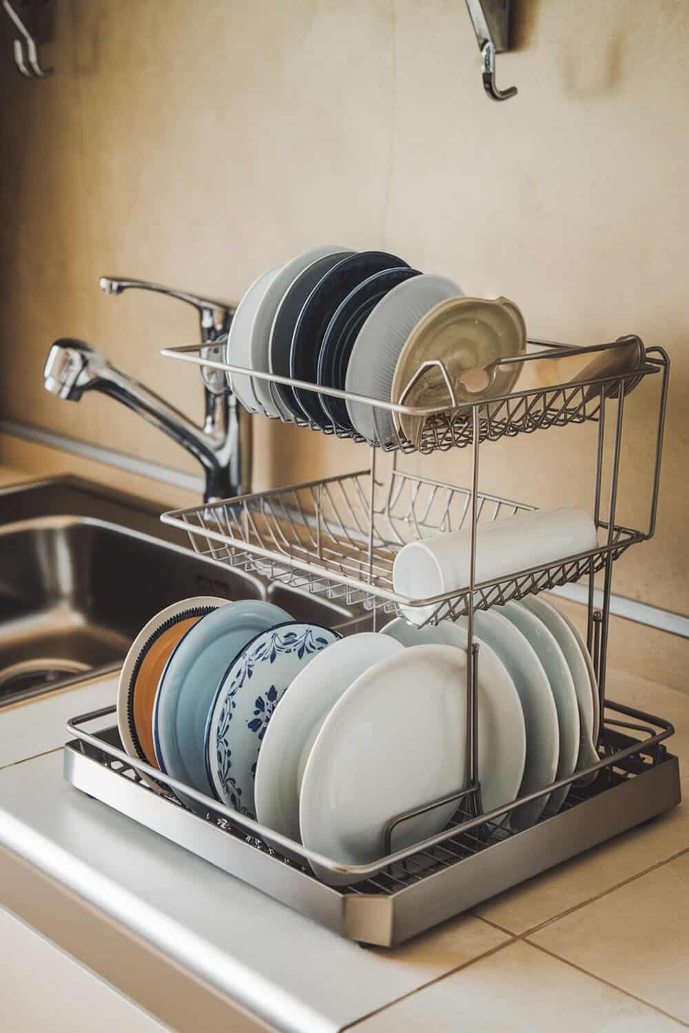 A dish rack with neatly arranged plates and cups next to a kitchen sink.