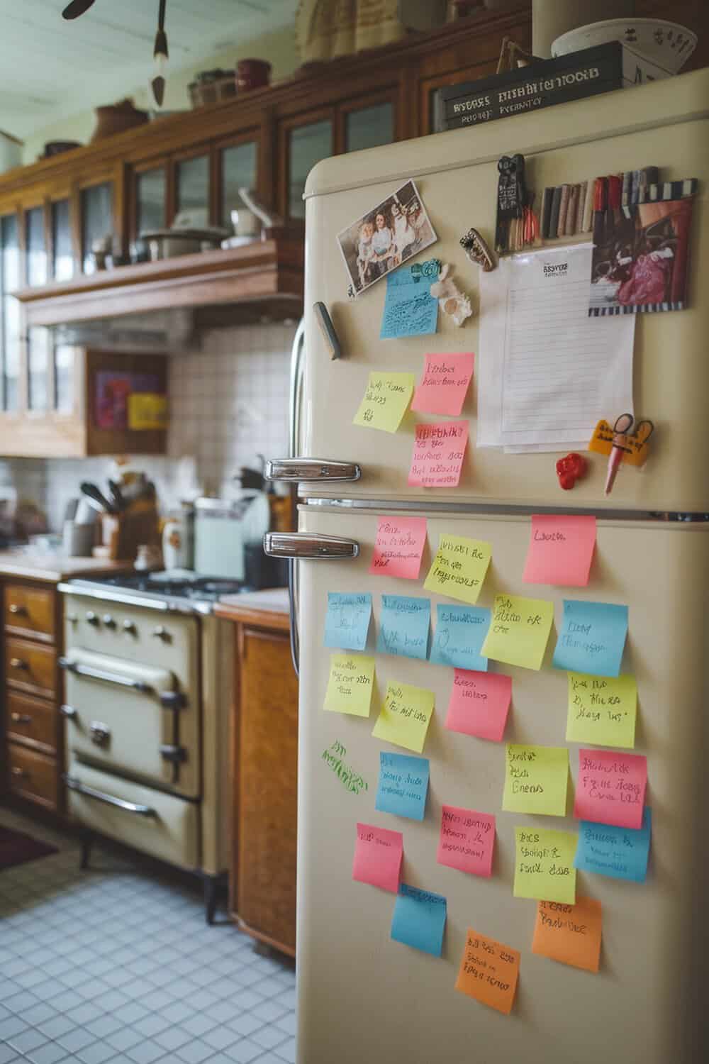 A fridge covered with colorful sticky notes and reminders in a cozy kitchen.