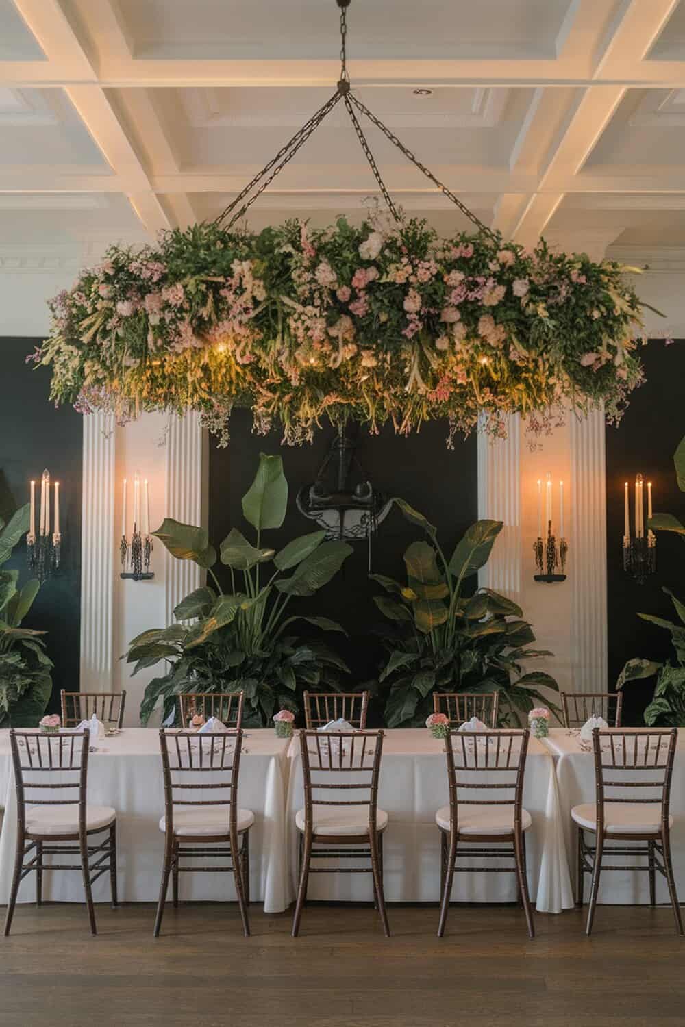 A floral chandelier made of various flowers and greenery hanging above a dining table.
