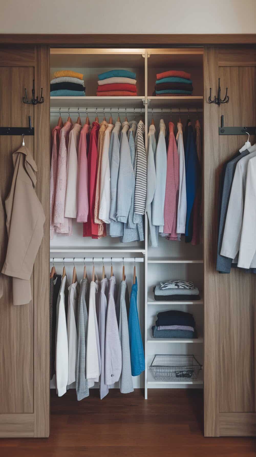 A neatly organized closet with color-coded clothing and stacked sweaters.