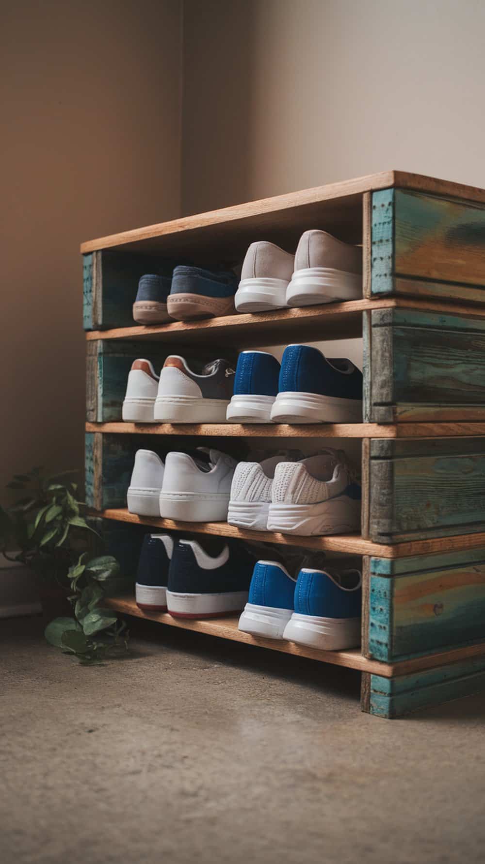 A shoe rack made from reclaimed wood displaying various shoes.